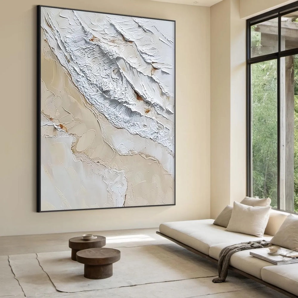 Large brown minimalist wall painting, white textured wall painting, brown abstract art, original white
