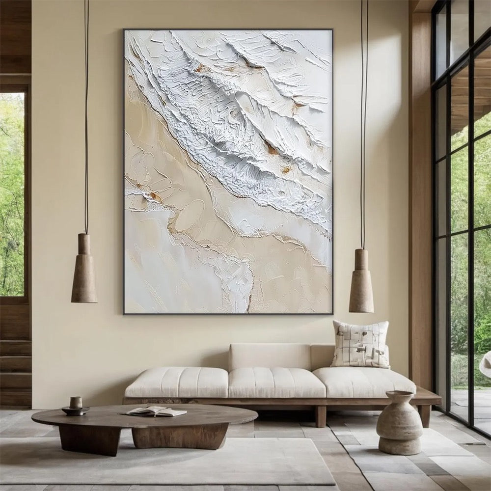 Large brown minimalist wall painting, white textured wall painting, brown abstract art, original white