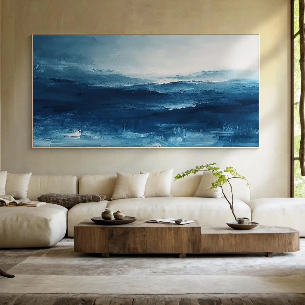 Blue abstract oil painting decorative painting, blue texture wall painting art, blue and white abstract art