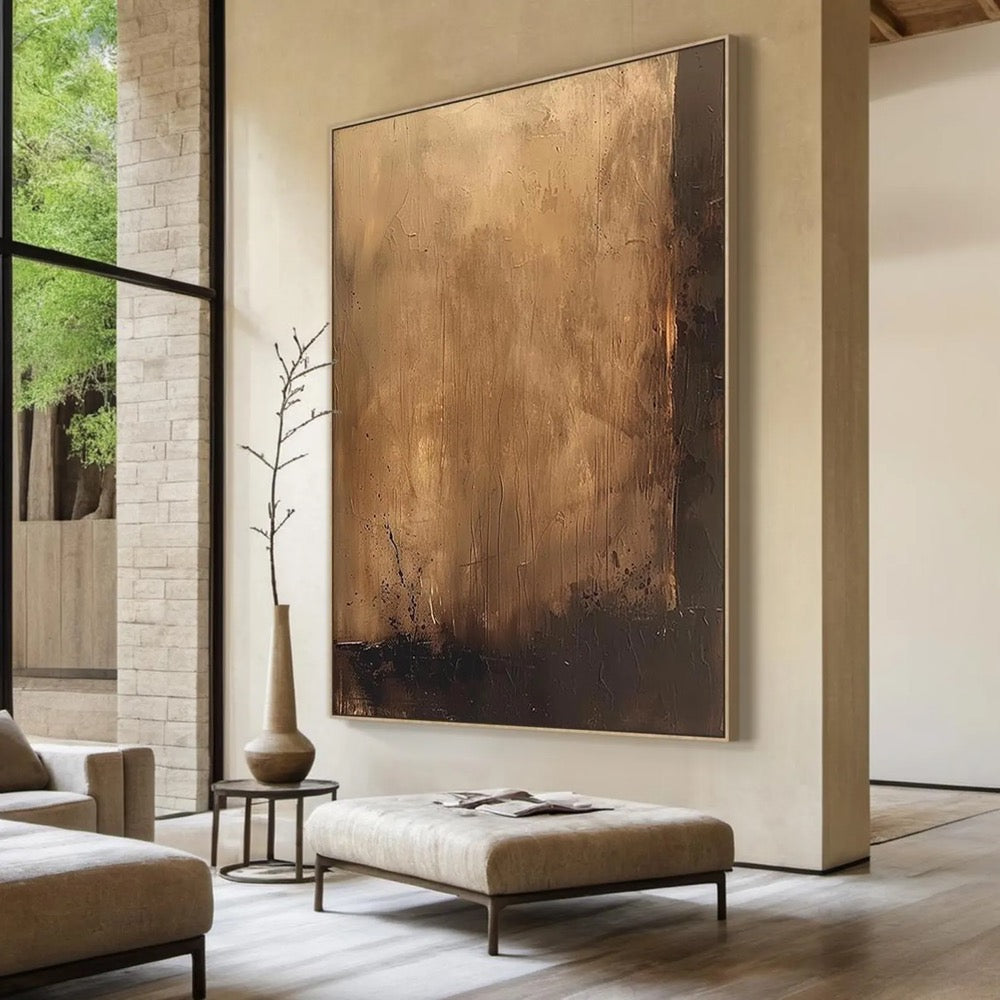 Large light brown minimalist abstract painting, light brown wabi-sabi wall art, black abstract art, modern