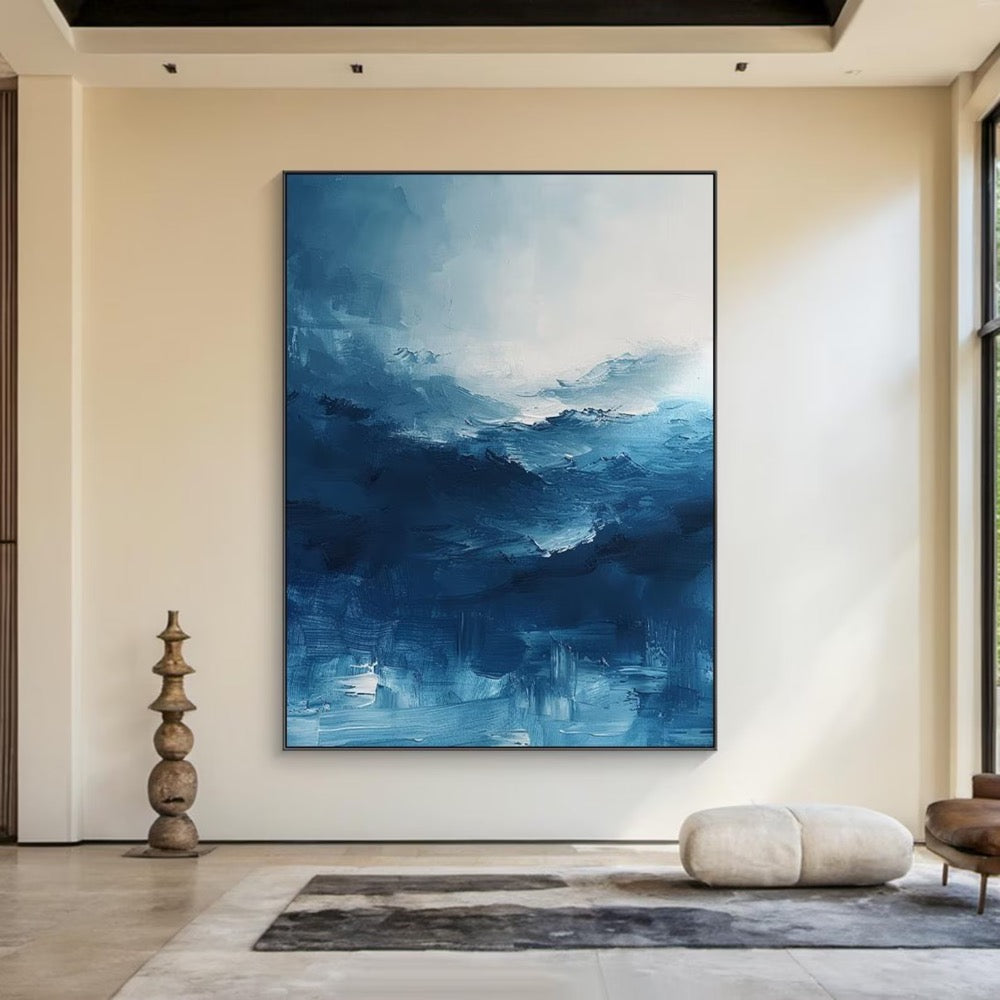 Blue abstract oil painting decorative painting, blue texture wall painting art, blue and white abstract art