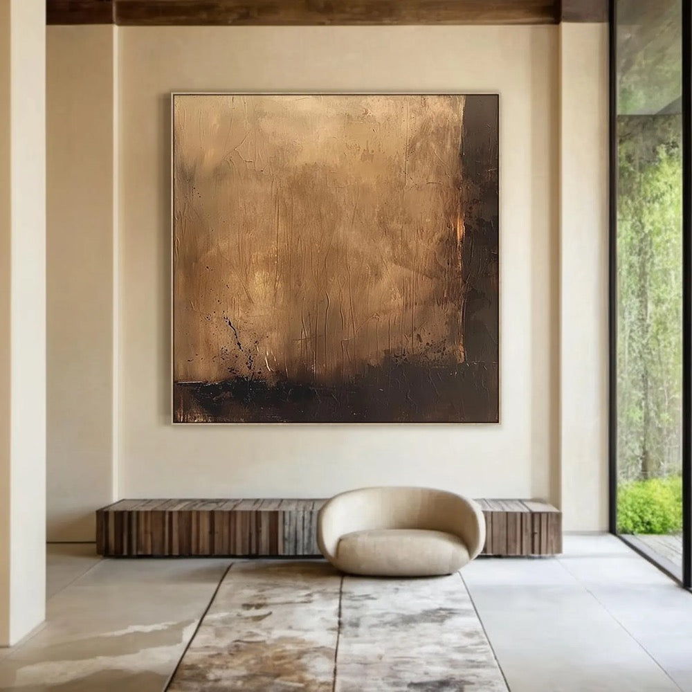 Large light brown minimalist abstract painting, light brown wabi-sabi wall art, black abstract art, modern