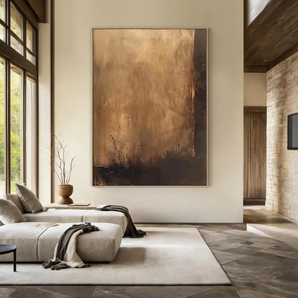Large light brown minimalist abstract painting, light brown wabi-sabi wall art, black abstract art, modern