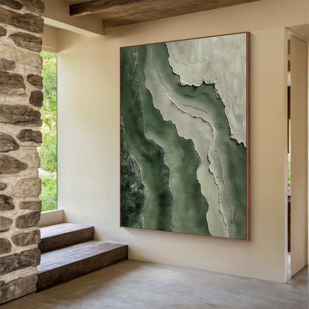 Green minimalist wabi-sabi wall painting, green textured wall decoration, large green abstract painting