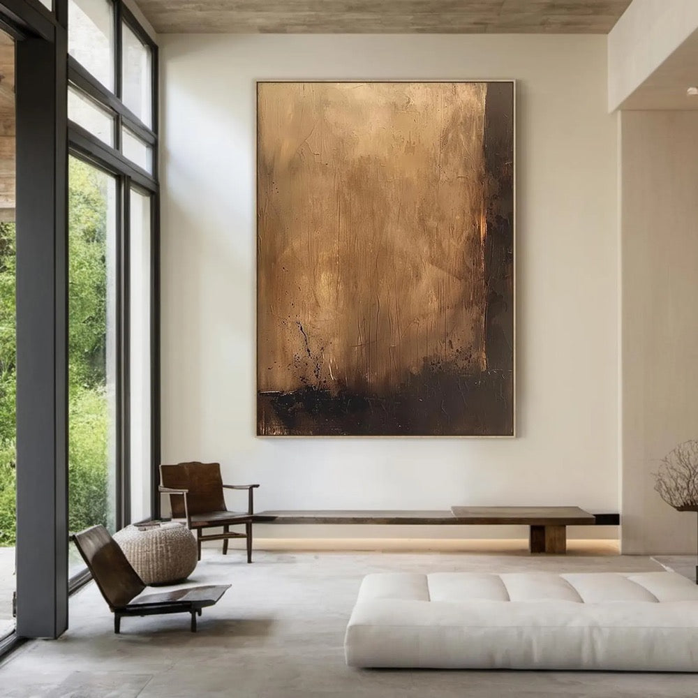 Large light brown minimalist abstract painting, light brown wabi-sabi wall art, black abstract art, modern