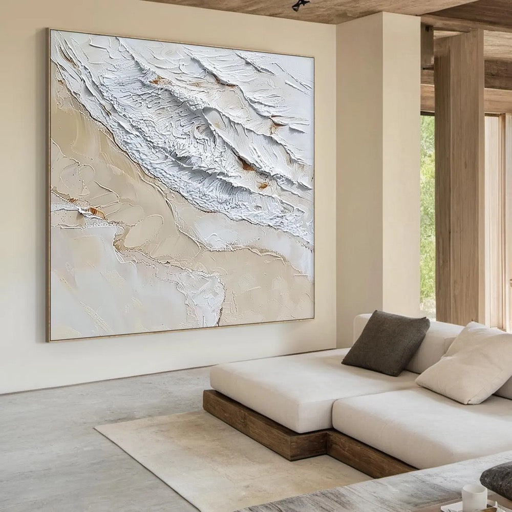 Large brown minimalist wall painting, white textured wall painting, brown abstract art, original white