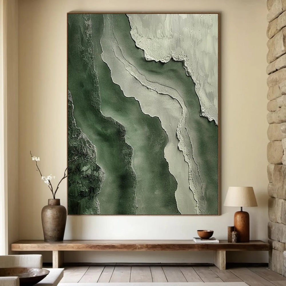 Green minimalist wabi-sabi wall painting, green textured wall decoration, large green abstract painting