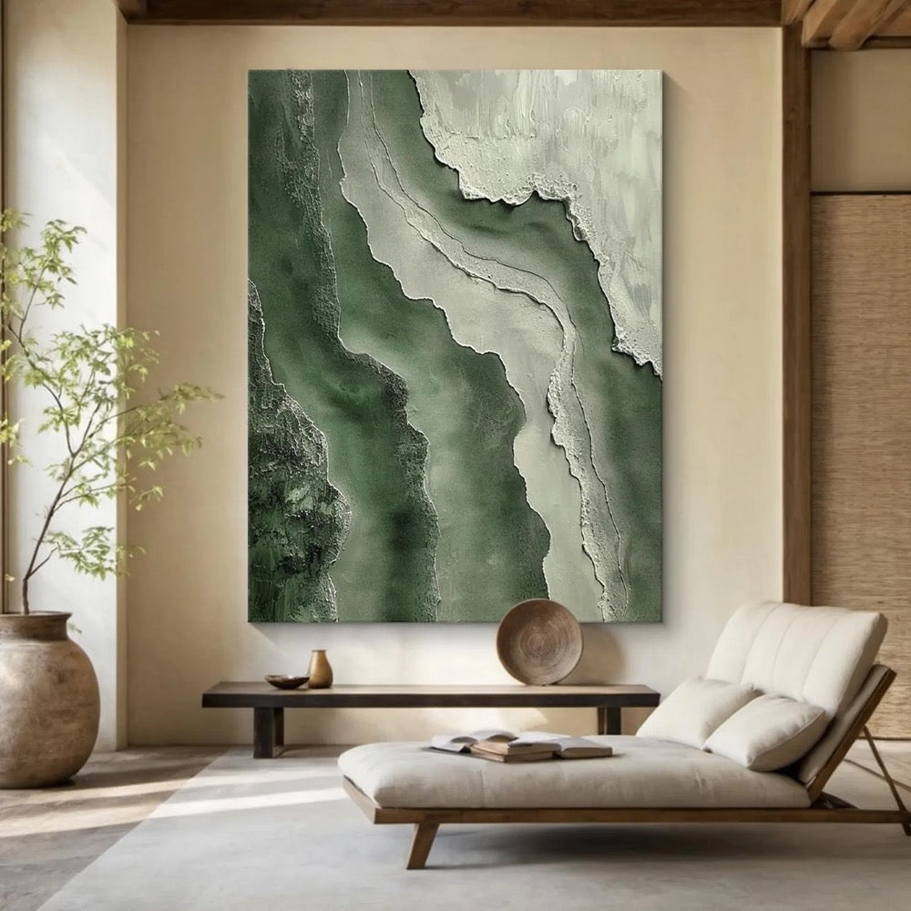Green minimalist wabi-sabi wall painting, green textured wall decoration, large green abstract painting