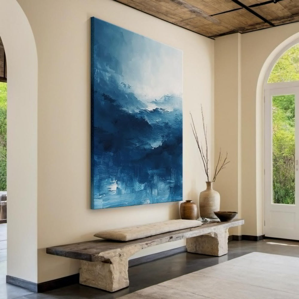 Blue abstract oil painting decorative painting, blue texture wall painting art, blue and white abstract art