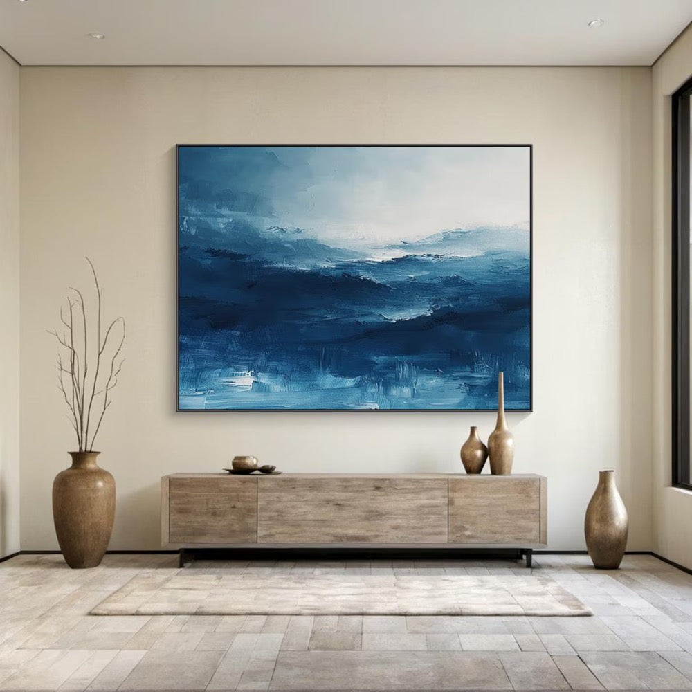 Blue abstract oil painting decorative painting, blue texture wall painting art, blue and white abstract art