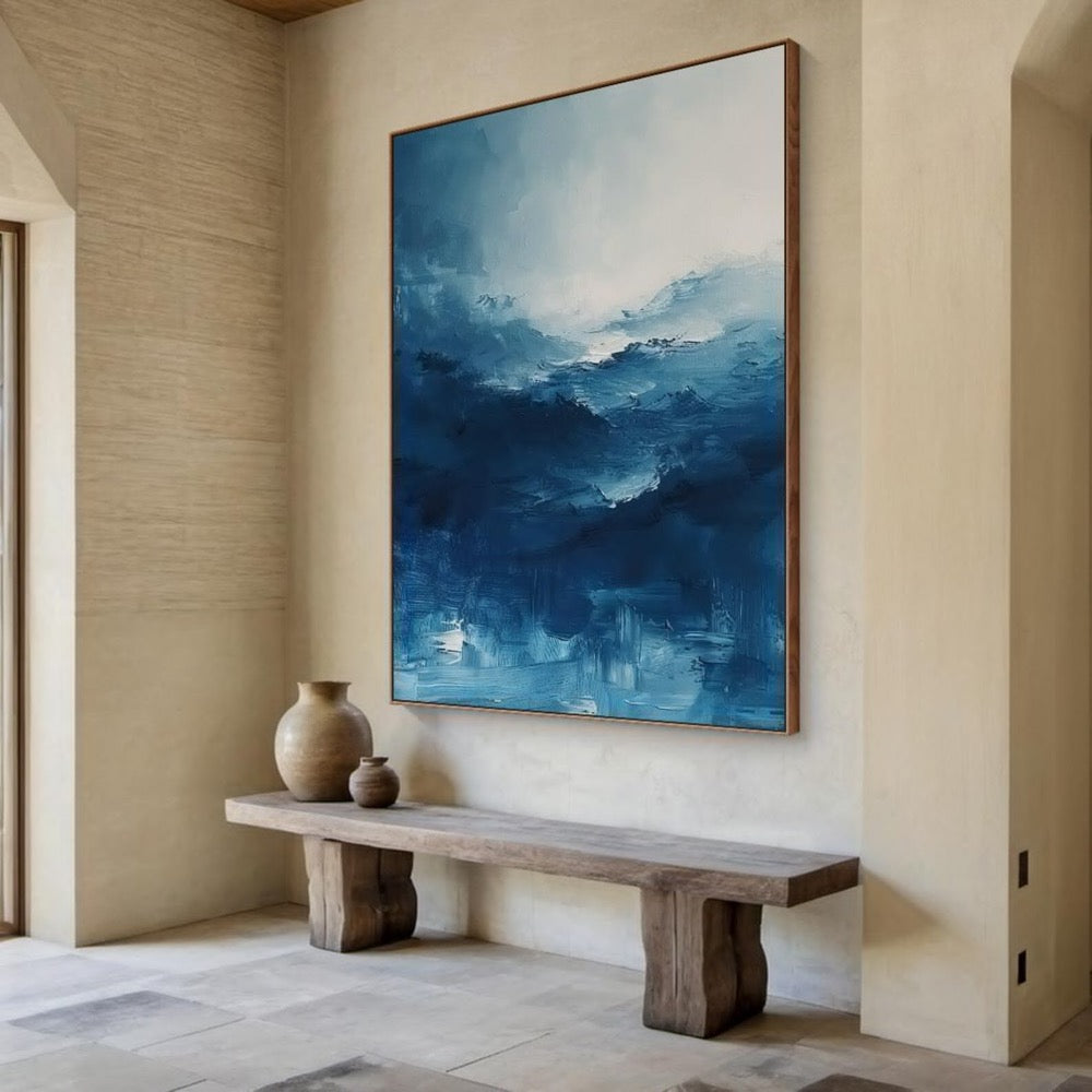 Blue abstract oil painting decorative painting, blue texture wall painting art, blue and white abstract art