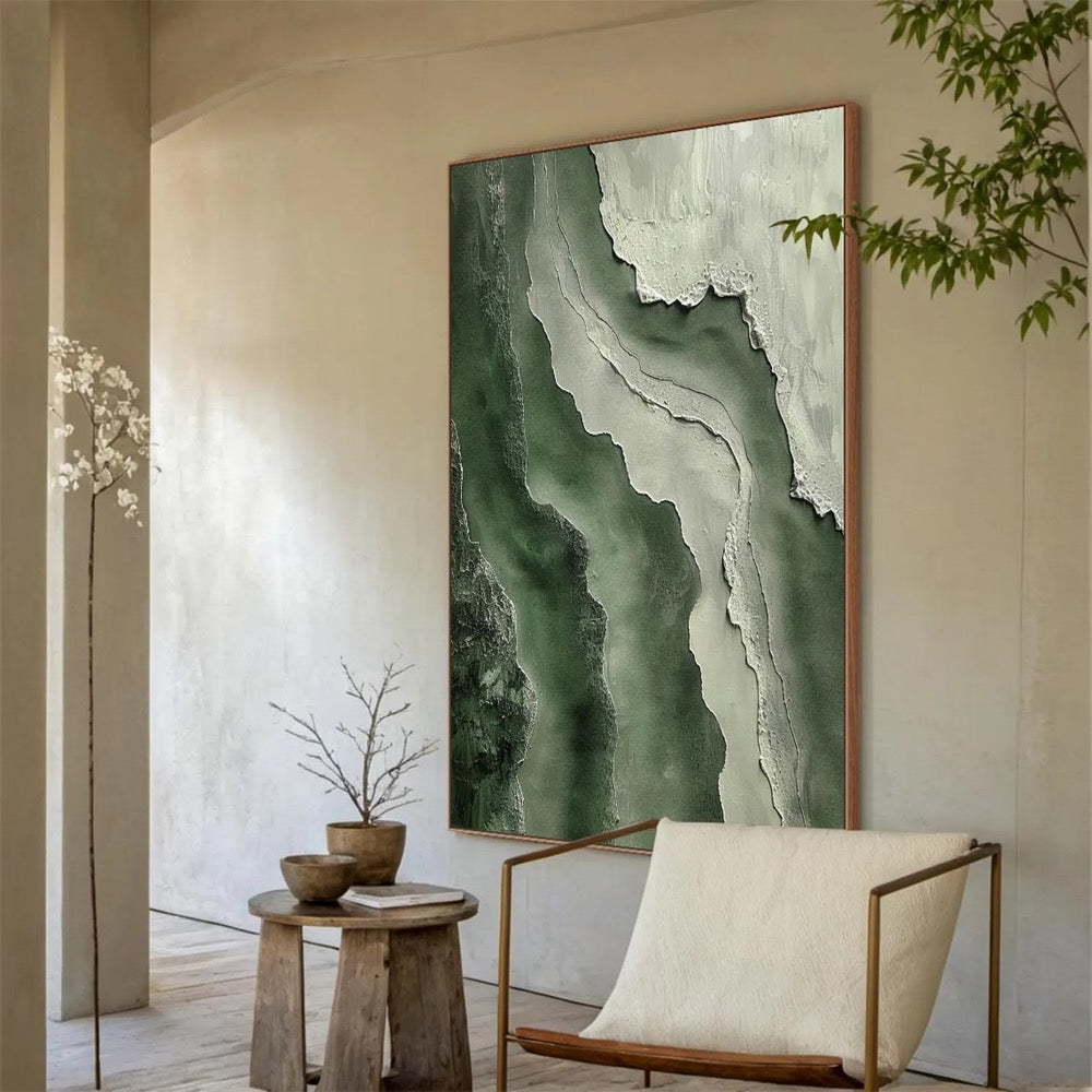 Green minimalist wabi-sabi wall painting, green textured wall decoration, large green abstract painting