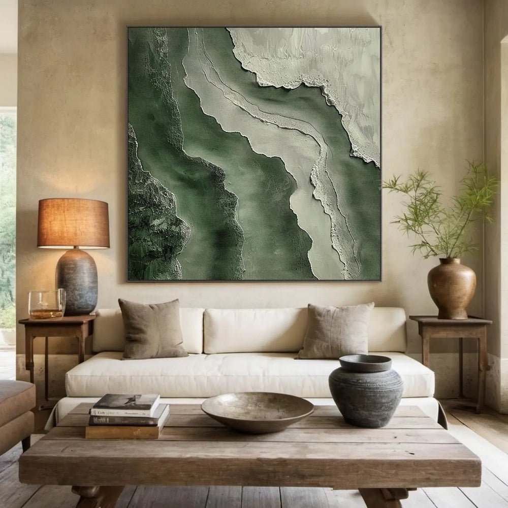 Green minimalist wabi-sabi wall painting, green textured wall decoration, large green abstract painting