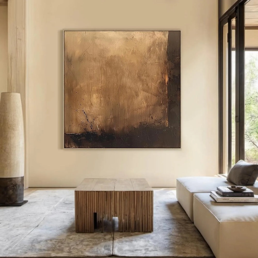 Large light brown minimalist abstract painting, light brown wabi-sabi wall art, black abstract art, modern