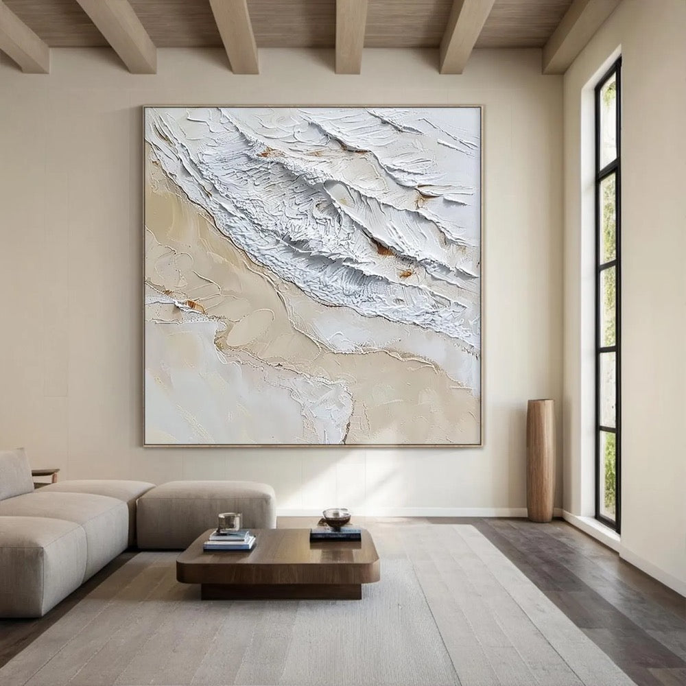 Large brown minimalist wall painting, white textured wall painting, brown abstract art, original white