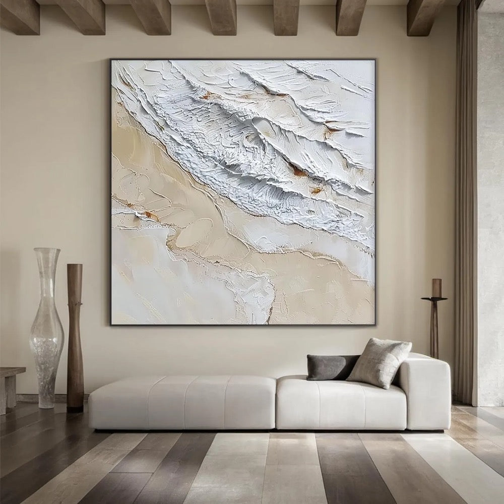 Large brown minimalist wall painting, white textured wall painting, brown abstract art, original white